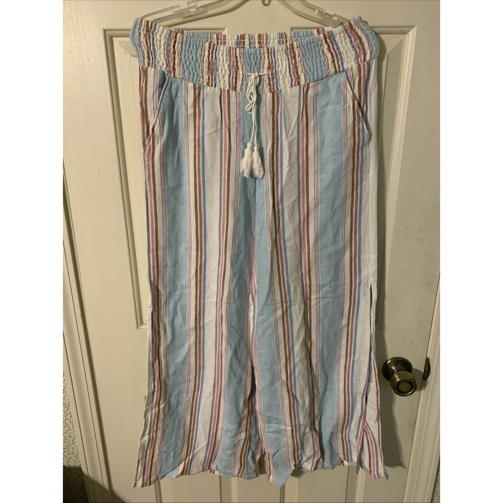 Vanilla Star Pastel Striped Pants Linen Blend Lagenlook Beach Wear Size M